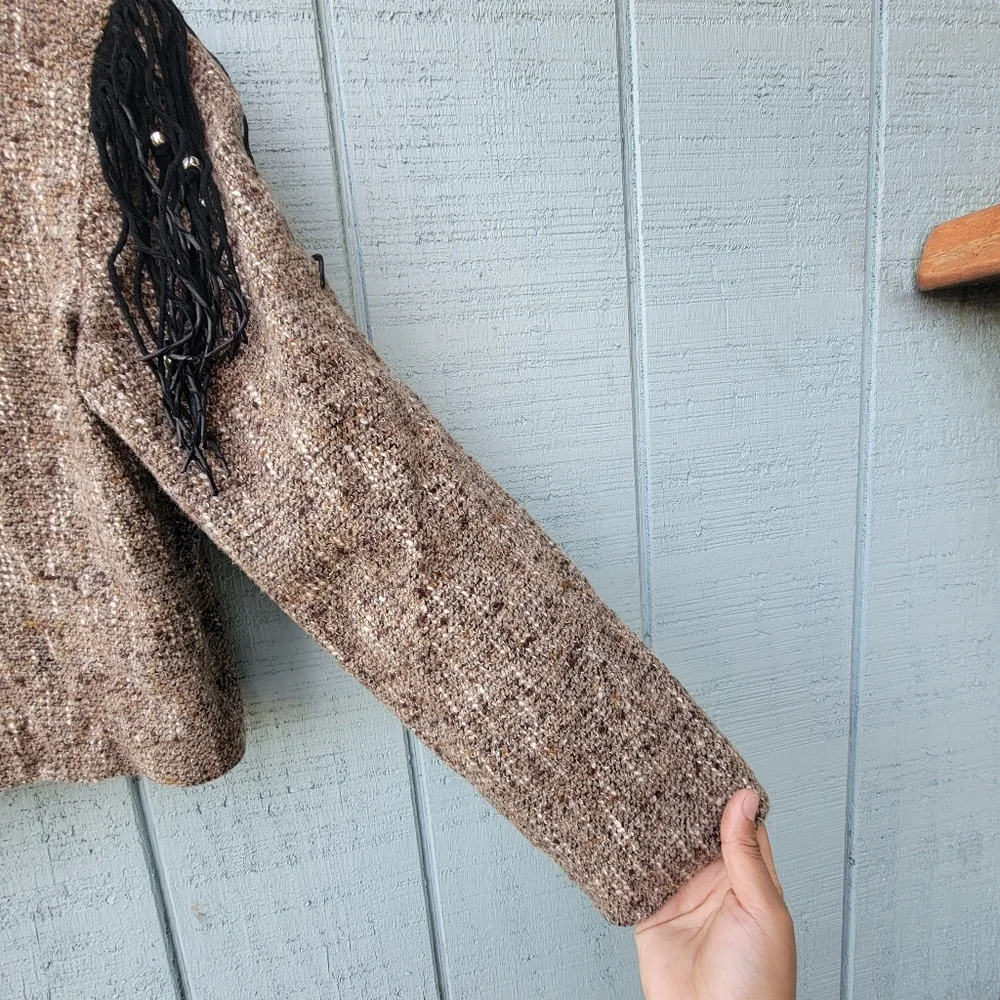 Double D Ranch Cropped Tweed Fringe Beaded Jacket sz S Black Brown Western VTG